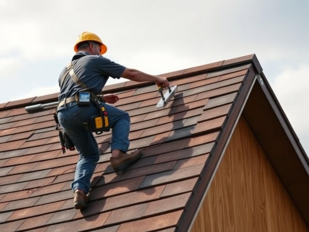 Roofer installing shingles on a steep roof